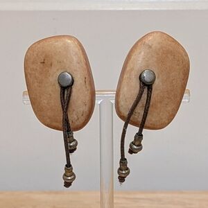 80s Vintage Clip On Stone Earrings with Silver Studs and Leather Tassels